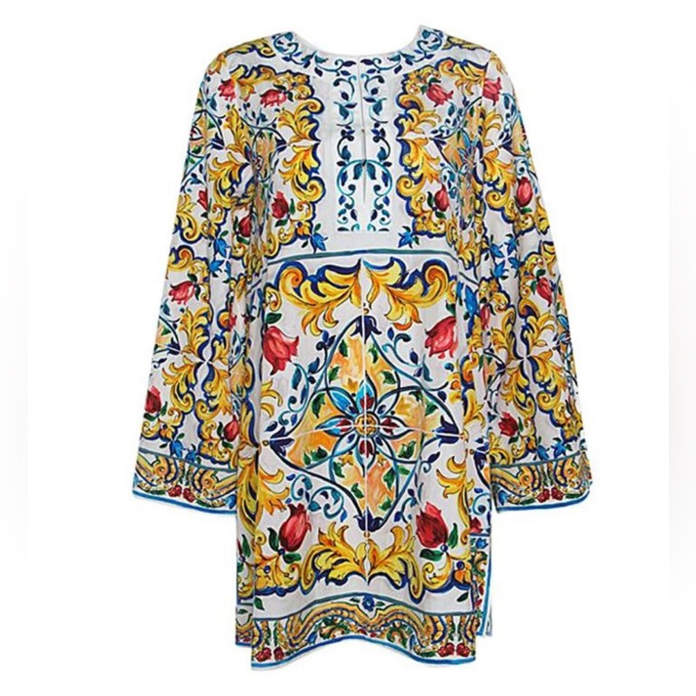 Dolce and Gabbana Majolica Printed Cotton Bell Sleeve Kaftan Dress size IT 42 - Picture 2 of 13